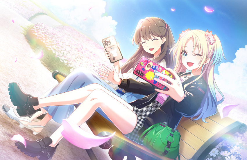 2girls ;d ^^^ bench black_footwear black_jacket blonde_hair blue_eyes blue_hair blue_skirt blue_sky brown_hair cellphone checkered_clothes checkered_shorts dutch_angle falling_petals fang flower fujishima_megumi fujishima_megumi_(summer_casual) game_cg gradient_hair green_bag hair_flower hair_ornament high-waist_shorts highres holding holding_phone iphone iphone_11_pro jacket jewelry leather leather_jacket leg_up light_blue_hair link!_like!_love_live! long_hair long_skirt long_sleeves looking_at_another love_live! mira-cra_park! multicolored_hair multiple_girls necklace official_art on_bench one_eye_closed open_clothes open_jacket open_mouth osawa_rurino osawa_rurino_(summer_casual) park_bench parted_bangs petals phone pink_flower pink_skirt sandals selfie shirt shoes shorts sitting skirt sky three-quarter_sleeves smartphone smile taking_picture third-party_source twintails two_side_up virtual_youtuber white_flower white_footwear white_shirt wooden_bench
