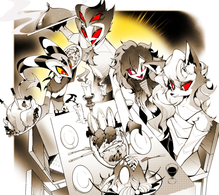 2boys 2girls absurdres blitzo_(helluva_boss) colored_sclera demon_boy demon_girl demon_horns family father_and_daughter food furry hellaverse helluva_boss highres horns loona_(helluva_boss) multiple_boys multiple_girls octavia_(helluva_boss) red_eyes red_sclera shirt stolas_(helluva_boss) sweater yellow_sclera zhu_xing_pupupu