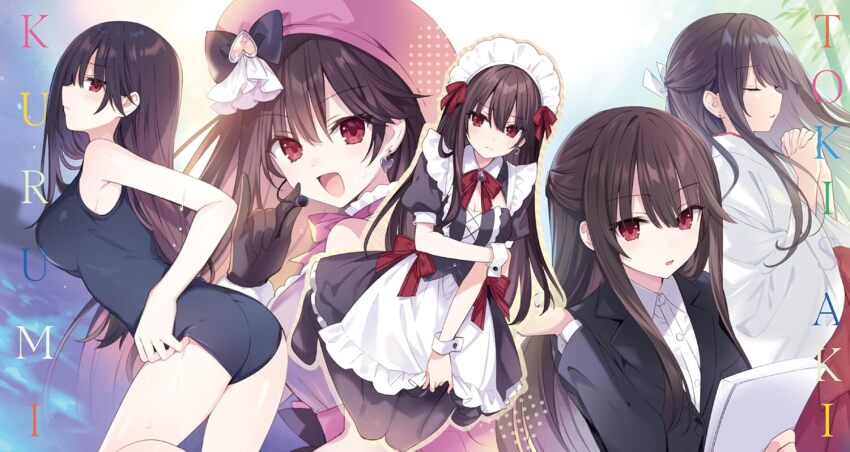 1girl :d apron arched_back armpit_crease bad_source bare_arms bare_shoulders black_bow black_dress black_gloves black_hair black_jacket black_one-piece_swimsuit blush bow bowtie breasts character_name cleavage closed_mouth collared_shirt date_a_live dress dress_bow earrings embarrassed gloves hair_between_eyes hair_ribbon hakama hat heart heart_earrings jacket japanese_clothes jewelry kosode lapels large_breasts long_hair long_sidelocks looking_at_viewer looking_to_the_side maid maid_headdress majutsu_tantei_tokisaki_kurumi_no_jikenbo microphone miko multiple_views notched_lapels office_lady official_art one-piece_swimsuit open_mouth own_hands_clasped own_hands_together parted_lips pink_hat praying profile red_bow red_bowtie red_eyes red_hakama ribbon shirt short_sleeves sidelocks sideways_glance smile swimsuit thighs tokisaki_kurumi tsunako white_apron white_ribbon white_shirt white_wrist_cuffs wing_collar wrist_cuffs