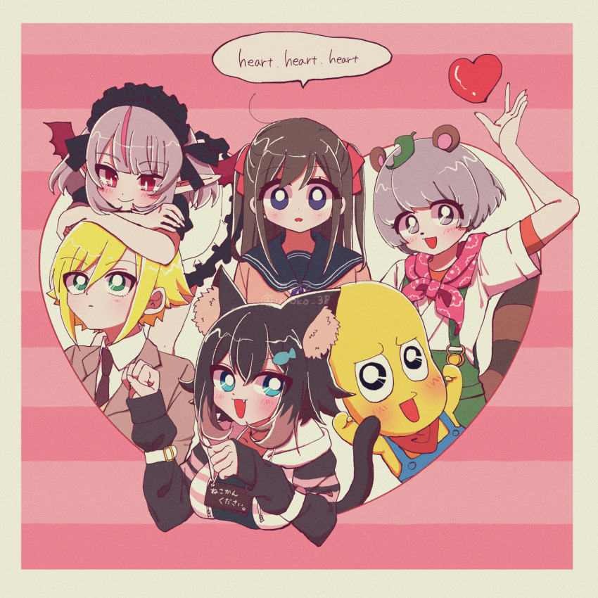 2boys 4girls :d animal_ear_fluff animal_ears aqua_eyes bandana black_eyes black_headband black_shirt blazer blonde_hair blue_eyes blue_overalls blue_sailor_collar blush border brown_hair brown_jacket cardigan cat_ears cat_tail crossed_arms demon_girl demon_wings fangs flexing fumino_tamaki green_eyes green_overalls grey_hair hair_between_eyes hair_ribbon hands_up headband heart highres hood hooded_jacket hoodie indie_virtual_youtuber jacket kaname_uroko leaf leaf_on_head leaning_on_person light_brown_hair live2d_inc. long_hair looking_at_viewer maid_headdress makaino_ririmu makaino_ririmu_(5th_costume) mode_aim momose_hiyori multicolored_hair multiple_boys multiple_girls neckerchief necktie neuro-sama nijisanji open_mouth overalls paw_pose peanut peanuts-kun pink_background pink_neckerchief pointy_ears ponpoko_(vtuber) raccoon_ears raccoon_girl raccoon_tail red_bandana red_eyes red_ribbon red_wings ribbon sailor_collar school_uniform shirt short_hair smile speech_bubble streaked_hair striped_background striped_clothes striped_hoodie tail two-tone_hair two_side_up uzuki_kou uzuki_kou_(3rd_costume) virtual_youtuber white_border white_hood white_shirt wings yellow_cardigan