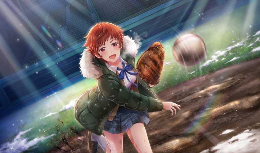 1girl :d ball baseball_(object) baseball_glove baseball_stadium blue_ribbon blurry breath brown_cardigan brown_shoes cardigan cinderella_series coat collared_shirt depth_of_field dirty dutch_angle foot_out_of_frame game_cg green_coat grey_skirt hachigatsu_no_cinderella_nine highres light_rays loafers long_sleeves looking_at_viewer motion_blur motion_lines mud neck_ribbon non-web_source official_art open_cardigan open_clothes open_coat open_mouth outdoors plaid_clothes plaid_skirt pleated_skirt red_eyes red_hair ribbon satogahama_school_uniform school_uniform senba_ayako shirt shoes short_hair skirt smile snow socks solo sparkle sunbeam sunlight throwing white_shirt white_socks winter_uniform