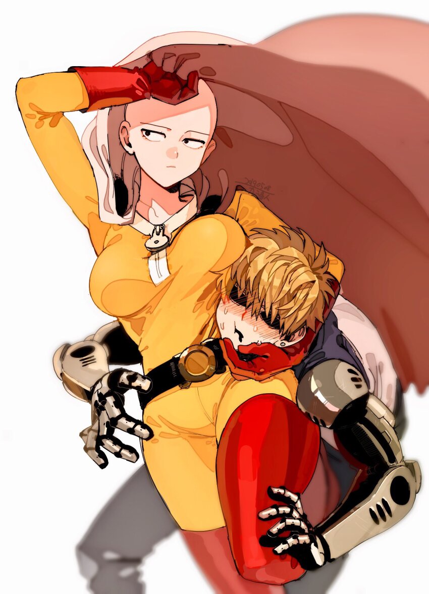 1boy 1girl arm_around_neck arm_up bald bald_girl belt black_belt blonde_hair blurry bodysuit boots breasts cape commentary_request cyborg genderswap genderswap_(mtf) genos gloves highres kani_seijin large_breasts mechanical_arms one-punch_man red_boots red_gloves saitama_(one-punch_man) short_hair simple_background sweat white_background white_cape yellow_bodysuit