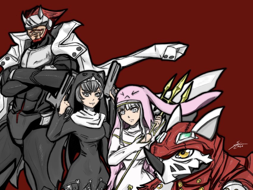 animal_hat cat_hat digimon digimon_(creature) gankoomon hackmon_(digimon) hat highres nail_polish nun rabbit_hat sistermon_blanc sistermon_noir