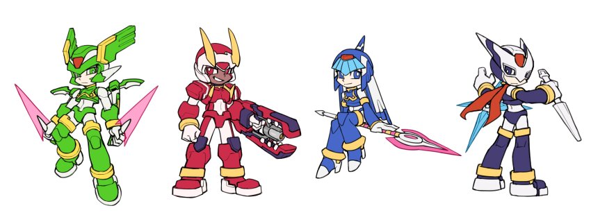 1girl 3boys absurdres armor bi_51334 blue_armor blue_eyes blue_helmet brother_and_sister brothers chibi commentary dagger dark-skinned_male dark_skin dual_wielding energy_blade energy_sword english_commentary facial_mark fairy_leviathan_(mega_man) fighting_fefnir_(mega_man) fins forehead_jewel from_behind full_body green_armor green_eyes green_helmet group_picture head_fins helmet hidden_phantom_(mega_man) highres holding holding_cannon holding_dagger holding_knife holding_polearm holding_weapon horns knife mega_man_(series) mega_man_zero_(series) multiple_boys ninja polearm purple_armor purple_eyes purple_helmet red_armor red_eyes red_helmet sage_harpuia_(mega_man) shuriken siblings simple_background sketch spear sword weapon white_background winged_helmet
