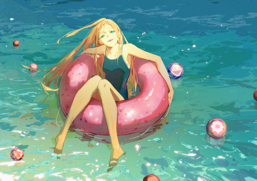 1girl absurdres afloat ball blonde_hair blue_eyes blue_one-piece_swimsuit breasts day full_body highres kofune_ushio long_hair looking_at_viewer lzfzc on_innertube one-piece_swimsuit open_mouth outdoors pink_innertube school_swimsuit sitting smile solo summertime_render swimsuit very_long_hair water