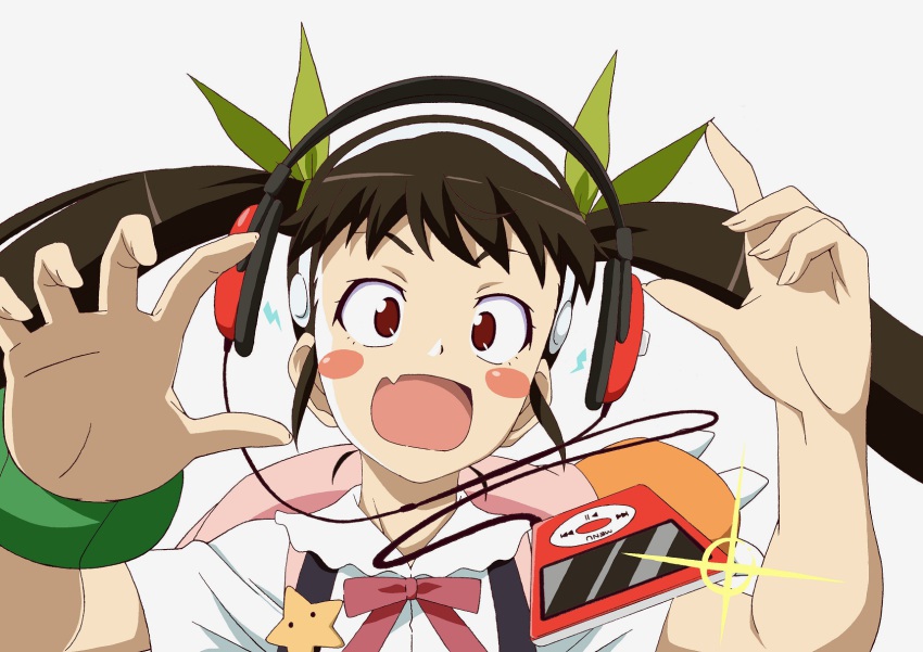 bad_id bad_pixiv_id bakemonogatari blush_stickers bow bracelet brown_hair digital_media_player fang flash foreshortening hachikuji_mayoi hair_ribbon hairband headphones highres ipod jewelry kiyukiyutan lightning_bolt_symbol monogatari_(series) red_eyes ribbon school_uniform simple_background solo star_(symbol) surprised suspenders twintails