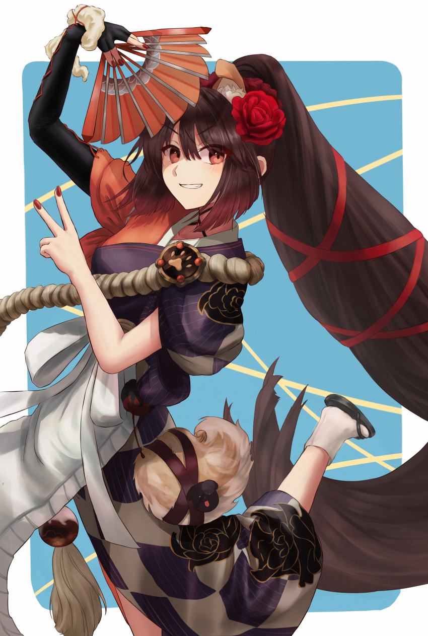 absurdres akita_inu animal animal_ears animal_on_head bernese_mountain_dog black_sandals checkered_clothes checkered_kimono dog dog_ears dog_on_head fate/grand_order fate_(series) floral_print flower golden_retriever grey_kimono high_ponytail highres husky japanese_clothes kai_ken kimono kyokutei_bakin_(fate) lady_yu_doll long_hair multicolored_kimono multiple_dogs namatako_2416 on_head peony_(flower) peony_print ponytail samoyed_(dog) sandals shiba_inu too_many too_many_dogs very_long_hair welsh_corgi