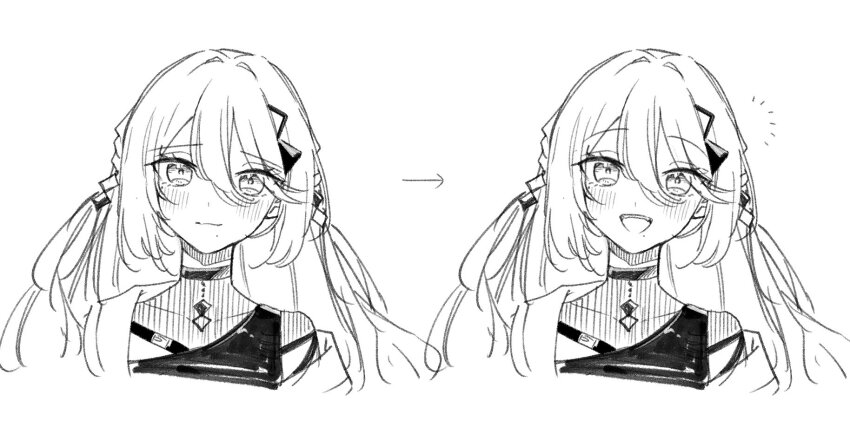 1girl arrow_(symbol) blush closed_mouth commentary_request greyscale hair_between_eyes hair_intakes highres kashikaze long_hair looking_at_viewer mole mole_under_each_eye mole_under_eye mole_under_mouth monochrome multiple_moles nijisanji open_mouth sidelocks simple_background smile sophia_valentine sophia_valentine_(1st_costume) teeth upper_body upper_teeth_only virtual_youtuber white_background