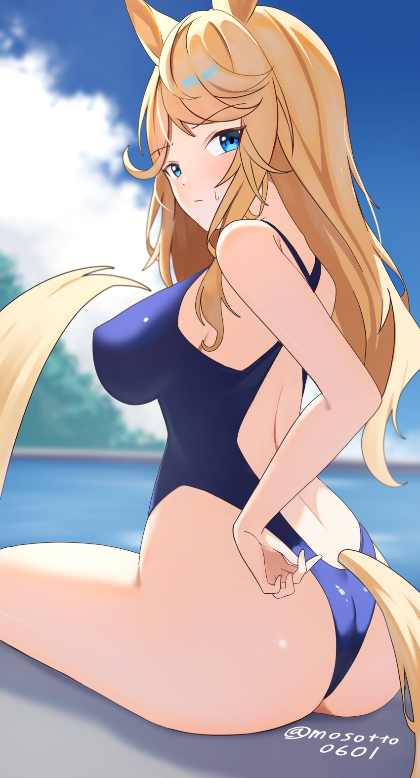 1girl absurdres animal_ears ass blonde_hair blue_eyes blue_one-piece_swimsuit blue_sky cloud competition_swimsuit day gold_city_(umamusume) highleg highleg_one-piece_swimsuit highres horse_ears horse_girl horse_tail long_hair looking_at_viewer looking_back mesotto one-piece_swimsuit outdoors poolside racerback sitting sky solo swimsuit tail umamusume