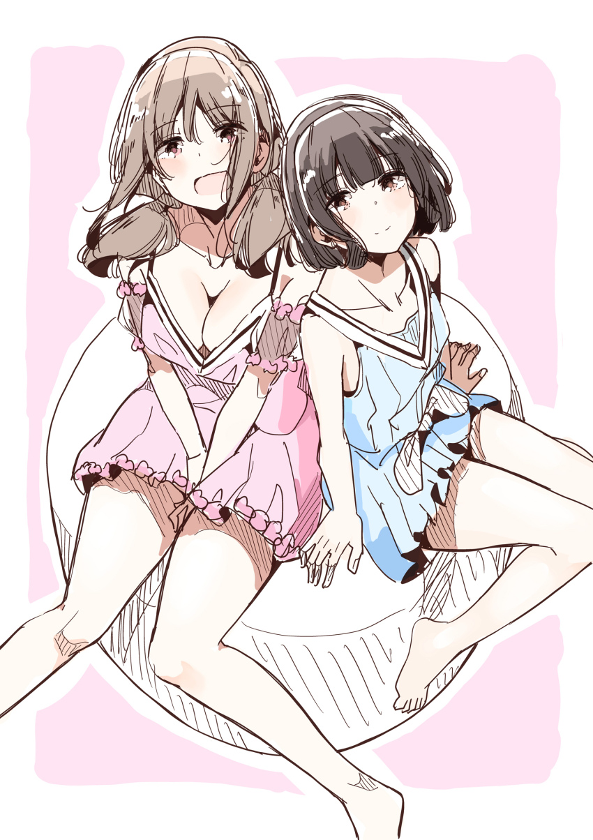 2girls :d alternate_costume arm_support bare_arms bare_legs bare_shoulders barefoot blue_dress blush border bow breasts brown_eyes brown_hair cleavage collarbone commentary_request dress feet frills full_body harukana_receive higa_kanata highres large_breasts light_smile long_hair looking_at_viewer multiple_girls nyoijizai oozora_haruka_(harukana_receive) open_mouth pink_background pink_dress short_hair sitting sketch skirt sleeveless sleeveless_dress small_breasts smile thighs twintails v_arms white_border white_bow