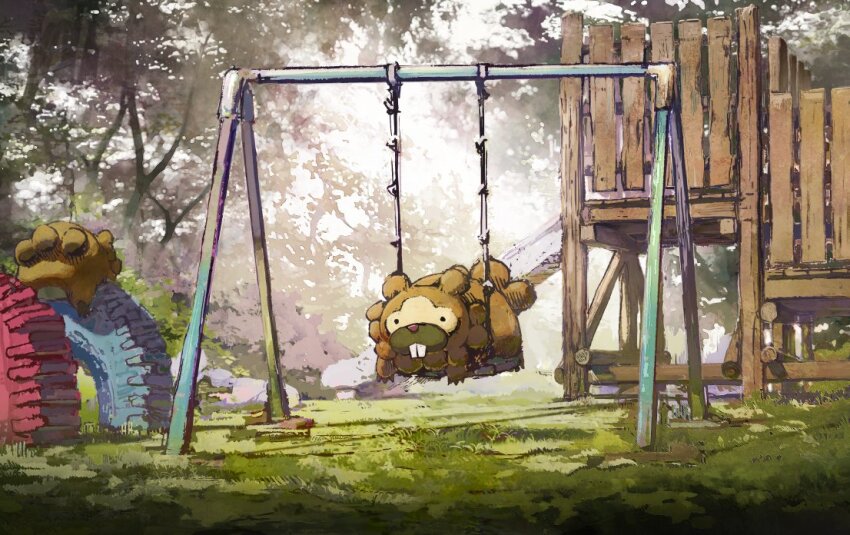 animal_focus bidoof black_eyes commentary_request day gen_4_pokemon grass jako_(boke_poke) nintendo no_humans outdoors playground pokemon pokemon_(creature) swing_set swinging tree
