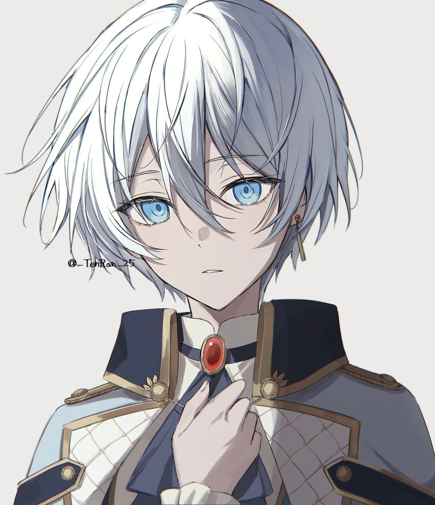 1girl androgynous ascot blue_ascot blue_capelet blue_eyes brooch capelet colored_lapels earrings frilled_sleeves frills gem grey_background hair_between_eyes hand_on_own_chest highres jewelry lapels looking_at_viewer official_alternate_costume official_alternate_hair_length official_alternate_hairstyle ouji_fashion parted_lips portrait project_sekai red_gemstone relax_teatime_(project_sekai) seina1211 shirt short_hair sidelocks simple_background solo third-party_source tsurime twitter_username white_hair white_shirt yoisaki_kanade