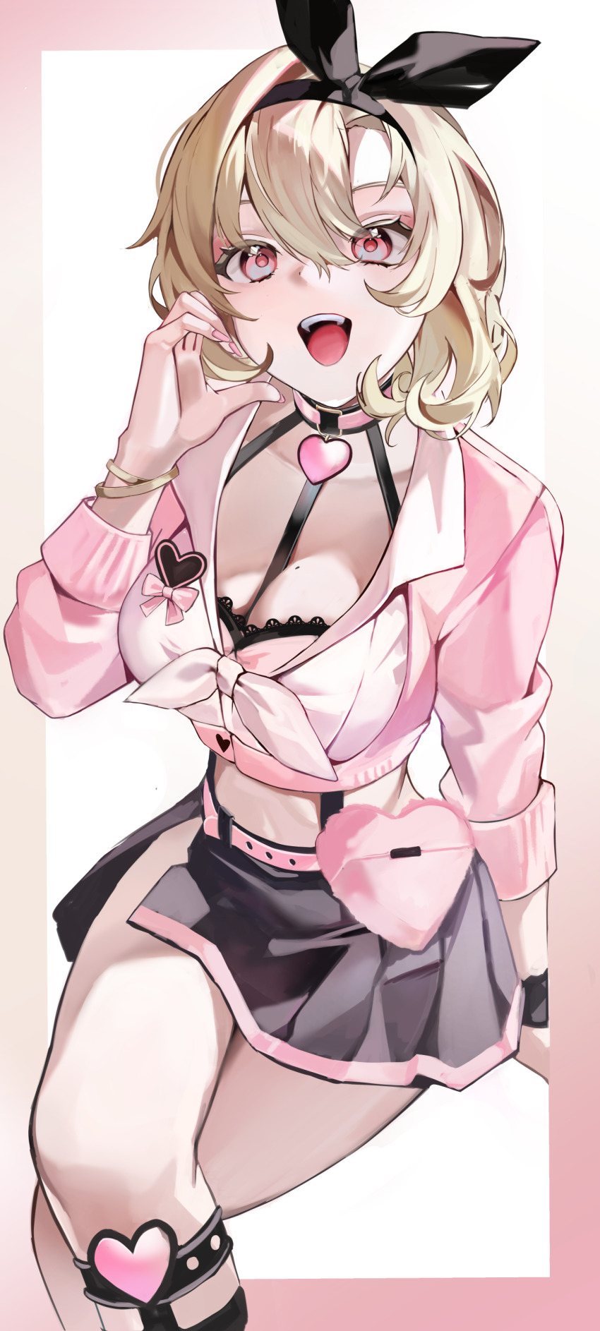 1girl absurdres blonde_hair blush bra breasts collar curly_hair gyaru happy headband highres kogal lingerie looking_at_viewer open_mouth original panties pink_eyes short_hair sitting skirt smile solo teeth underwear upper_teeth_only uyuri_(89976220)