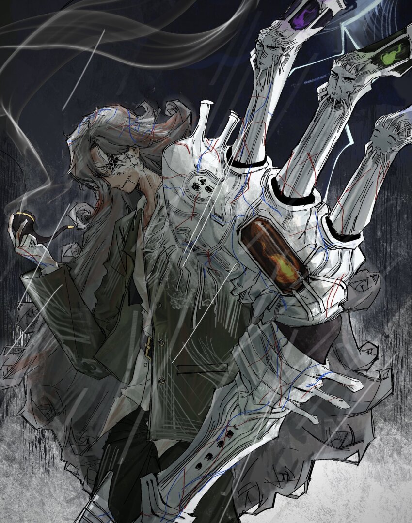 1girl ahab_(project_moon) belt black_pants buttons collared_shirt colored_skin e.g.o_(project_moon) green_jacket grey_hair harpoon highres holding holding_smoking_pipe humian0101 jacket limbus_company long_hair old old_woman pants project_moon shirt smoking_pipe solo spoilers veins very_long_hair white_shirt white_skin
