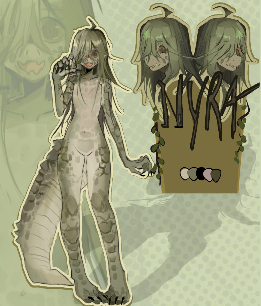 1girl abstract_background brown_eyes crocodile_girl crocodilian_tail flat_chest full_body green_hair green_scales hair_over_one_eye highres kappa long_hair monster_girl nyra_(plushrot) open_mouth original outline plushrot reference_sheet scales solo standing tail yellow_outline