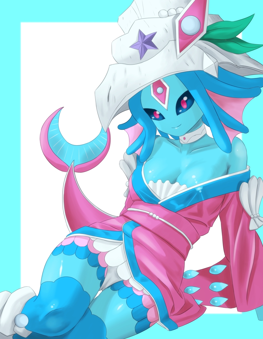 1girl absurdres ariemon bare_shoulders black_sclera blue_border blue_hair blue_skin border breasts cleavage collarbone colored_sclera colored_skin digimon digimon_(creature) highres japanese_clothes kimono medium_breasts off_shoulder omeka_gamma panties pink_eyes pink_kimono simple_background solo underwear white_background white_panties