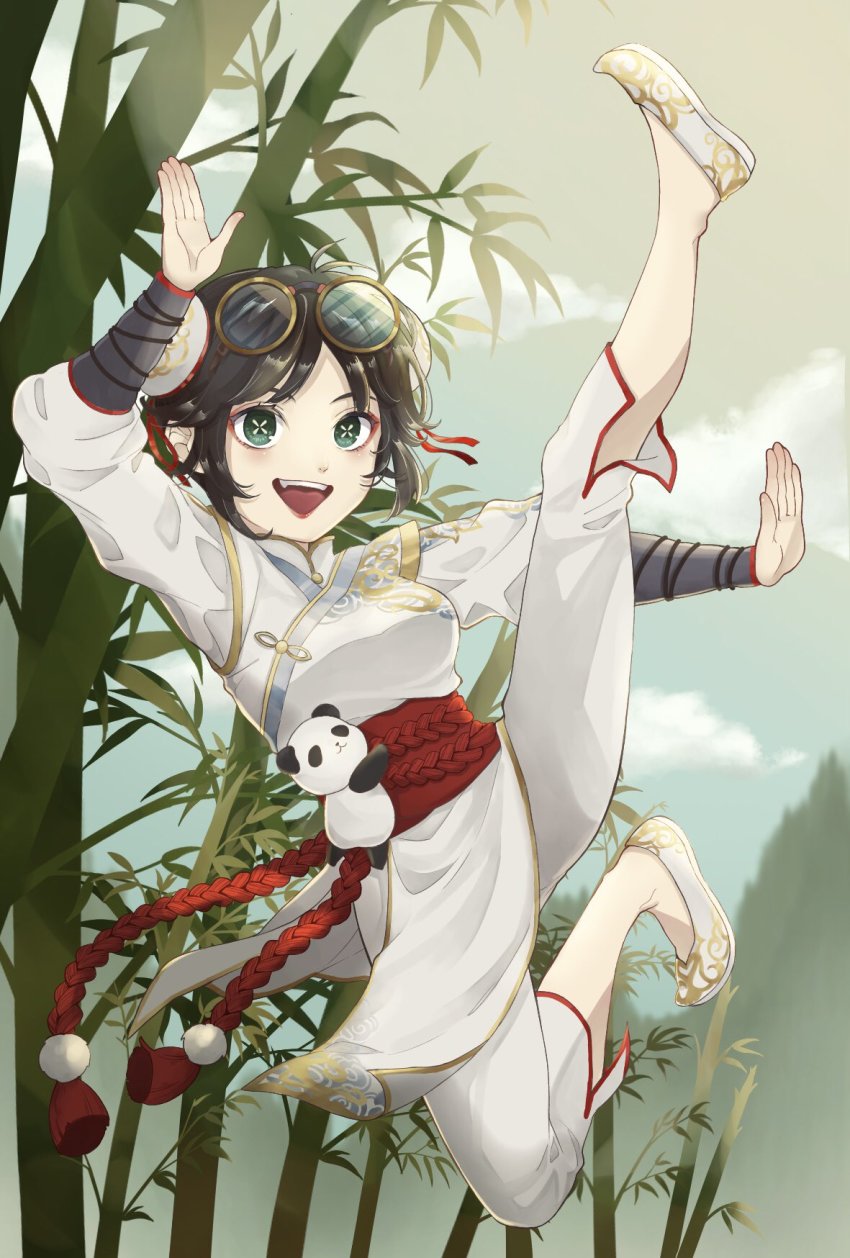 1girl airborne black_hair breasts cha_men_koi character_request chinese_clothes eyeshadow eyewear_on_head fang glasses green_eyes highres identity_v jacket kicking kung_fu makeup medium_breasts open_hands red_eyeshadow short_hair solo stuffed_animal stuffed_panda stuffed_toy symbol-shaped_pupils tracy_reznik tracy_reznik_(dormant_koi) white_footwear white_jacket