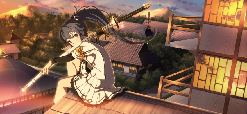 1girl armband ayanokouji_martial_arts_school_uniform black_hair black_shirt building covered_mouth evening game_cg grey_eyes holding holding_sword holding_weapon katana landscape long_hair long_sleeves looking_at_viewer non-web_source official_art on_roof orange_armband outdoors pleated_skirt ponytail rooftop school_uniform sheath sheathed shirt sitting skirt sky solo sunset sword toji_no_miko toji_no_miko:_kizamishi_issen_no_tomoshibi very_long_hair weapon white_shirt white_skirt winter_uniform yamashiro_yui