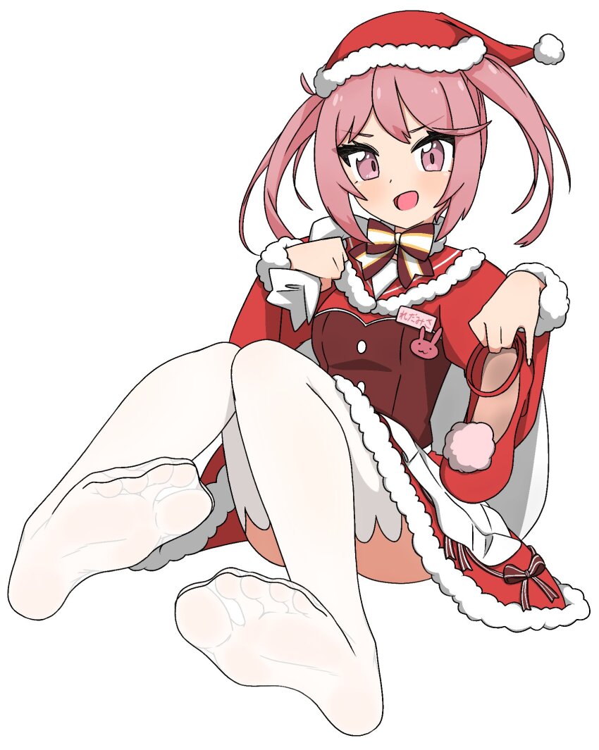 1girl convenient_leg corset dress fur-trimmed_dress fur-trimmed_headwear fur_trim hat highres kantai_collection nairo pink_eyes pink_hair red_dress red_hat red_sailor_collar sailor_collar santa_hat sazanami_(christmas)_(kancolle) sazanami_(kancolle) shoes simple_background smile solo thighhighs twintails unworn_shoes white_background white_thighhighs