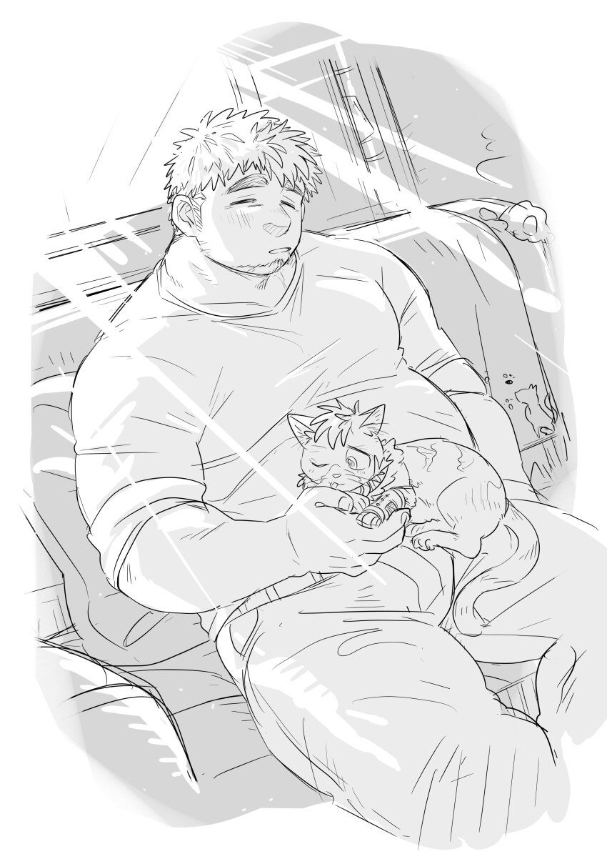 1boy absurdres affectionate bara belly blush cat denim facial_hair from_above goatee greyscale highres huge_eyebrows jeans koginoro large_pectorals licking licking_hand light_rays male_focus monochrome original pants pectorals short_hair sitting sleeping sleeping_upright solo sunlight thick_eyebrows