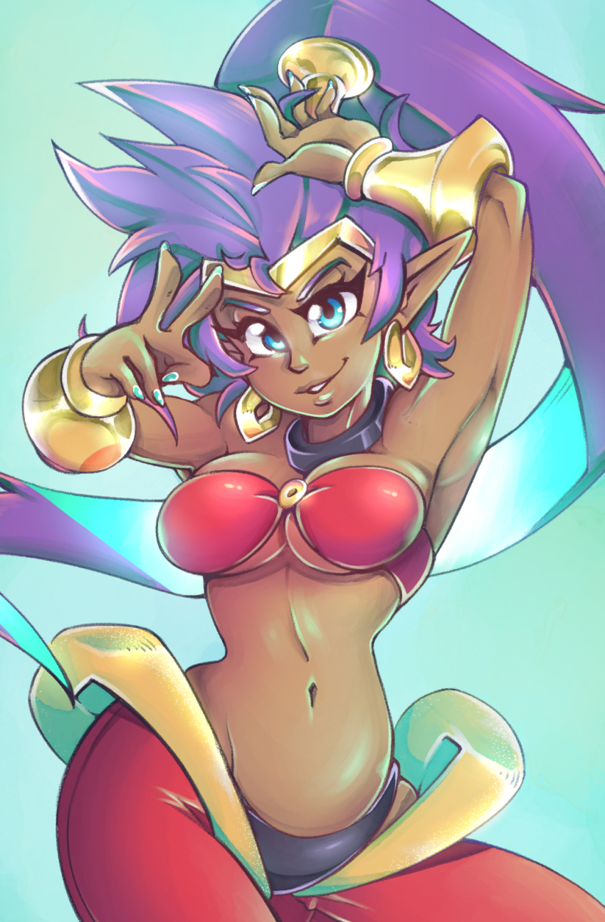 1girl armpits blue_eyes bra breasts cleavage dark-skinned_female dark_skin highres long_hair medium_breasts pants pointy_ears purple_hair shantae shantae_(series) tidywire underwear v very_long_hair wide_hips