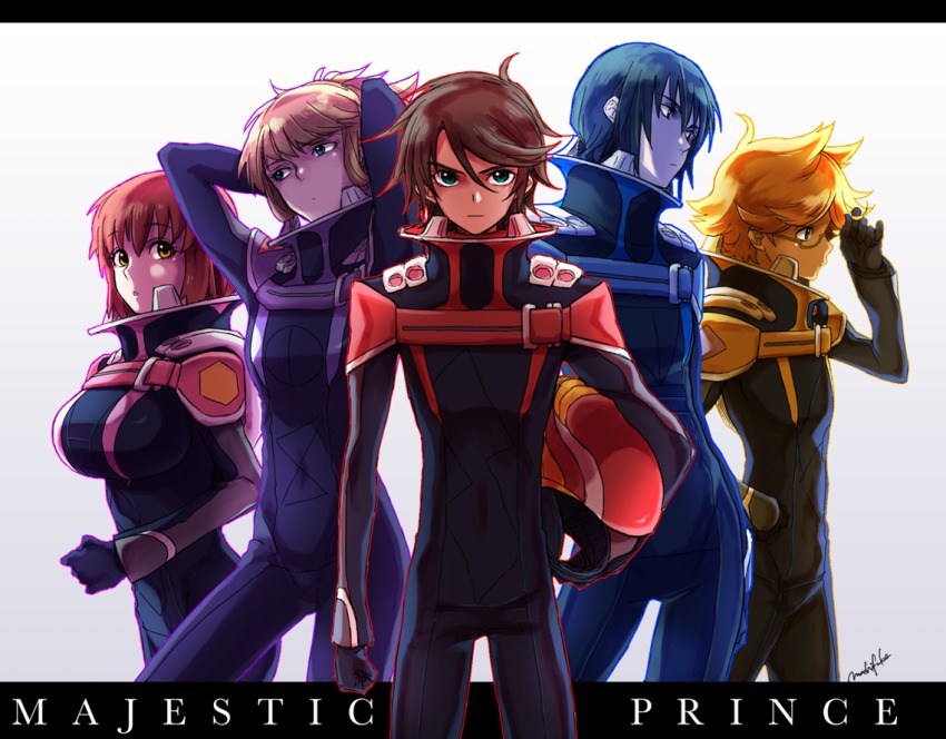 10s 2girls 3boys asagi_toshikazu bad_id bad_pixiv_id black_hair blue_hair bodysuit brown_eyes brown_hair glasses hitachi_izuru irie_tamaki kugimiya_kei letterboxed long_hair machi_fuka majestic_prince multiple_boys multiple_girls purple_eyes red_eyes short_hair suruga_ataru