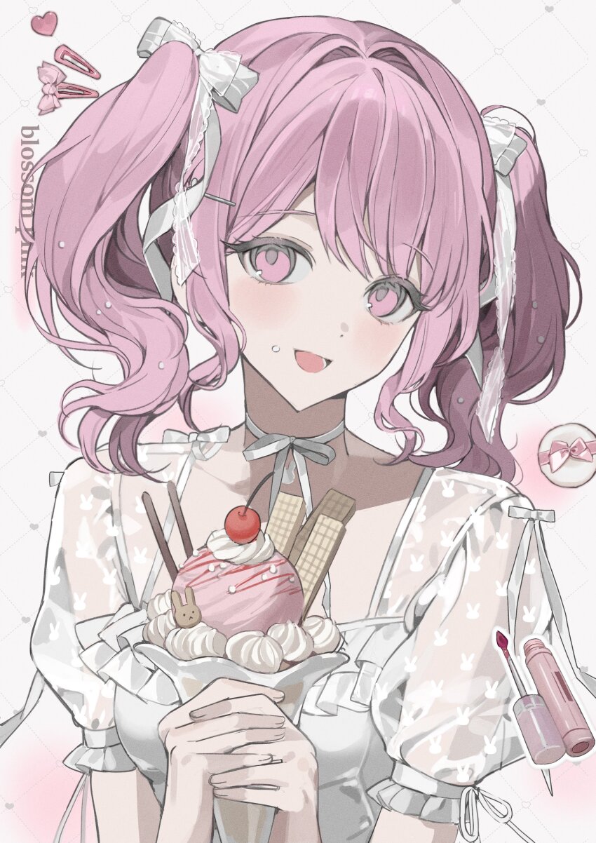 1girl :d absurdres alternate_costume bang_dream! birthday blush bow breasts cherry choker commentary commission compact_(cosmetics) cosmetics curly_hair dessert eddcc english_text food food_on_face frilled_sleeves frills fruit grid_background hair_ornament hair_ribbon hairclip hairpin hands_up hashtag-only_commentary head_tilt heart highres holding holding_food ice_cream ice_cream_scoop lipstick_tube looking_up maruyama_aya medium_breasts medium_hair open_mouth own_hands_together pink_bow pink_eyes pink_hair pink_theme pocky puffy_short_sleeves puffy_sleeves ribbon ribbon-trimmed_sleeves ribbon_choker ribbon_trim second-party_source see-through_clothes short_sleeves short_twintails simple_background single_scoop smile solo sprinkles square_neckline strawberry_syrup sundae syrup twintails two-handed unworn_hair_ornament unworn_hairclip upper_body wafer_stick whipped_cream white_background white_choker white_ribbon