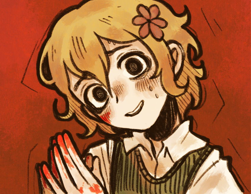 1boy @_@ alternate_eye_color basil_(faraway)_(omori) basil_(omori) black_eyes blonde_hair blood blood_on_hands flower green_sweater_vest hair_flower hair_ornament highres looking_at_another male_focus nervous_smile nervous_sweating omori open_mouth ottie_pops red_background shirt short_hair simple_background smile solo sweat sweater_vest teeth upper_body upper_teeth_only white_shirt