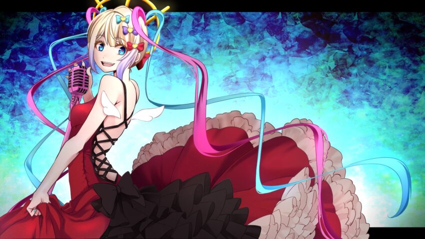 1girl bare_shoulders black_bow blonde_hair blue_background blue_eyes blue_hair blue_nails bow chouzetsusaikawa_tenshi-chan cross-laced_clothes derivative_work dress evandragon frilled_dress frills hair_bow holding holding_microphone kochira_koufuku_anshin_iinkai_desu_(vocaloid) long_hair looking_back microphone mini_wings multicolored_hair multicolored_nails multiple_hair_bows nail_polish needy_girl_overdose open_mouth parody pink_hair pink_nails quad_tails red_dress smile solo very_long_hair vintage_microphone vocaloid white_wings wings yellow_nails