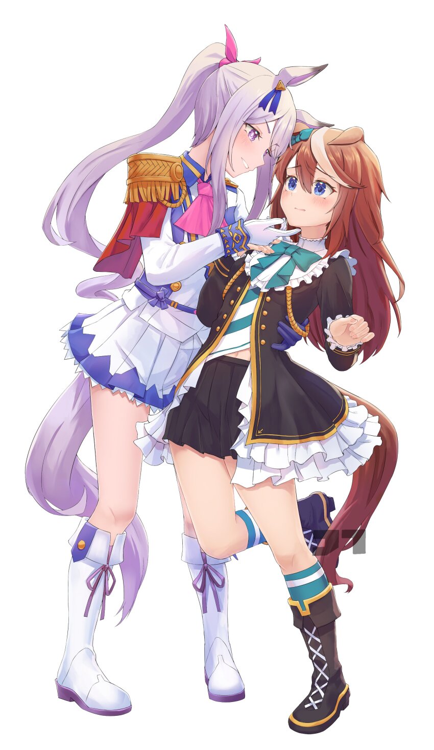 2girls absurdres animal_ears ascot black_jacket black_skirt blue_eyes boots bow bowtie brown_footwear brown_hair capelet commentary_request cosplay costume_switch epaulettes gloves green_bow green_bowtie green_socks hand_on_another&#039;s_chin highres horse_ears jacket jtleeklm long_hair long_sleeves looking_at_another mejiro_mcqueen_(umamusume) multicolored_hair multiple_girls parted_lips pink_ascot pleated_skirt ponytail purple_eyes purple_hair red_capelet simple_background skirt smile socks streaked_hair tokai_teio_(umamusume) umamusume white_background white_footwear white_gloves white_hair white_skirt yuri