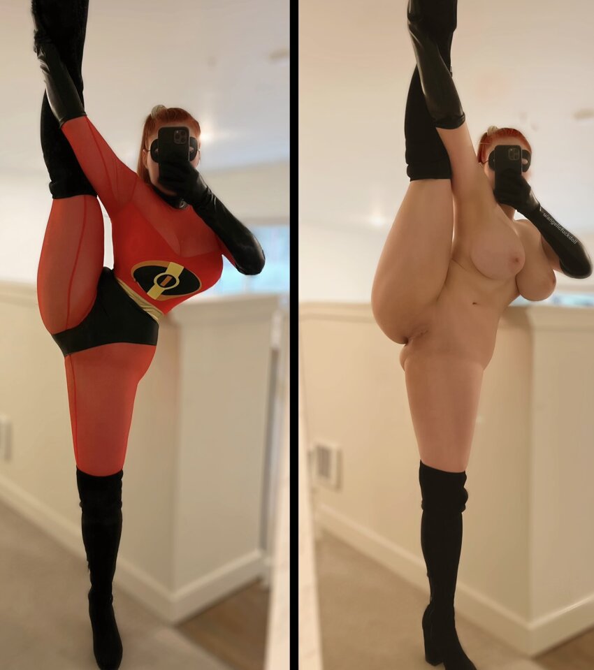 1girl angelicfukdoll ass bare_shoulders breasts brown_hair cellphone cleavage cosplay cosplay_photo covered_face elastigirl elbow_gloves female_focus flexible full_body gloves helen_parr highres holding holding_cellphone holding_phone indoors large_breasts long_hair navel nipples nude phone photo_(medium) pussy real_life selfie solo spread_legs standing standing_on_one_leg the_incredibles thick_thighs thighs uncensored