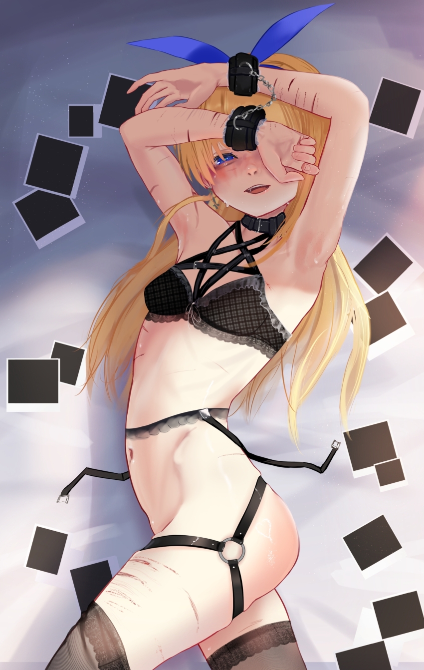 1girl armpits arms_up bdsm black_bra black_choker black_thighhighs erika_(popopoka) blue_eyes bondage borrowed_character bound bound_wrists bra choker commentary covering_own_eyes english_commentary flat_chest fuzzy_handcuffs garter_belt highres lingerie long_hair lying multiple_scars navel o-ring_legwear_garter on_bed on_side one_eye_covered original pentagram photo_(object) polaroid_photo rancidronin scar scar_on_arm scar_on_leg scars_all_over self-harm_scar solo thighhighs too_many underwear underwear_only