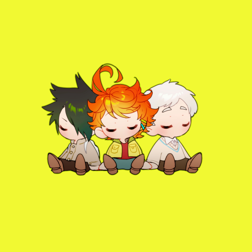 1girl 2boys absurdres black_hair brown_shoes chibi chibi_only closed_eyes emma_(yakusoku_no_neverland) full_body hair_over_one_eye highres multiple_boys norman_(yakusoku_no_neverland) orange_hair qin_(7833198) ray_(yakusoku_no_neverland) red_shirt shirt shoes short_hair simple_background sitting sweater white_hair yakusoku_no_neverland yellow_background