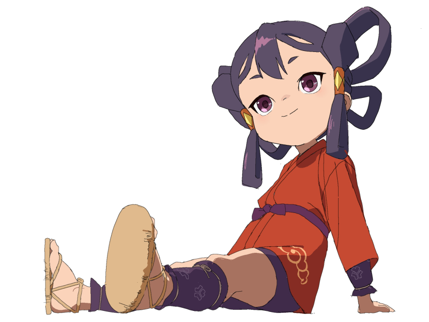 1girl black_hair full_body hair_rings highres japanese_clothes kimono kosuke_ida long_hair looking_afar mizura purple_eyes red_kimono sakuna-hime sandals simple_background sitting sketch smile solo tensui_no_sakuna-hime white_background