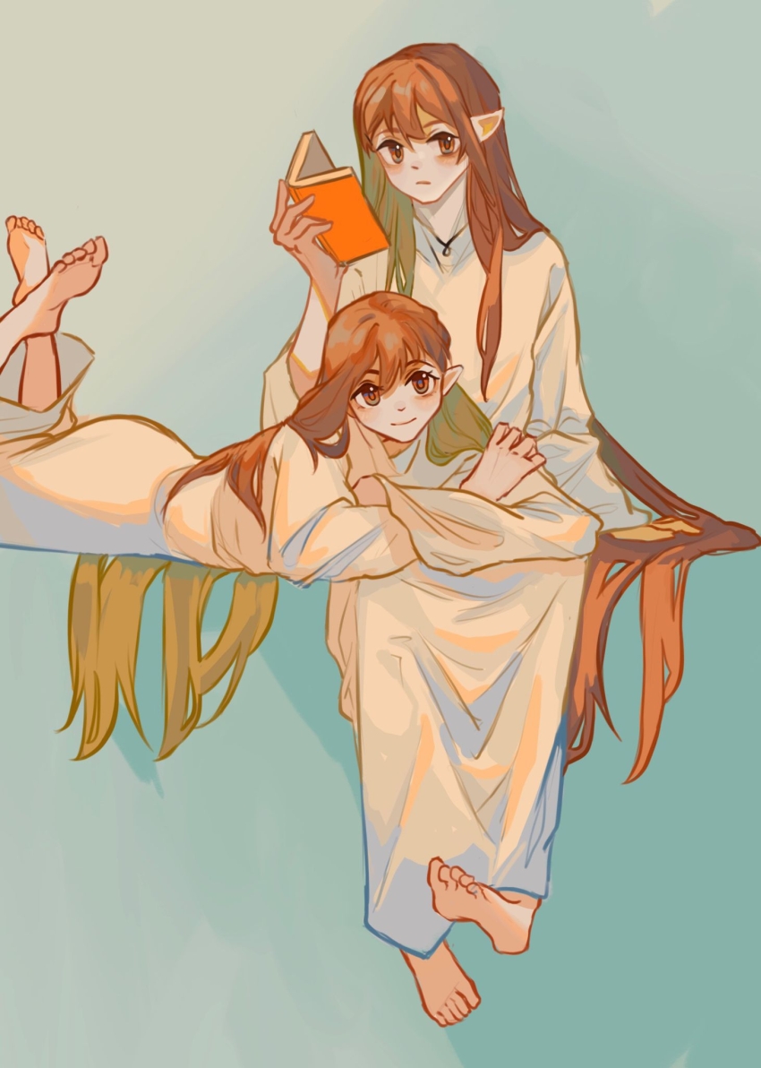 2boys :| androgynous aqua_background arm_support barefoot blush book brothers brown_eyes brown_hair closed_mouth commentary crossed_arms elrond elros english_commentary feet_up gradient_background hand_up highres holding holding_book long_hair long_sleeves looking_at_viewer lying male_focus matching_outfits multiple_boys on_lap on_stomach open_book pointy_ears robe siblings sitting smile sulime the_silmarillion tolkien&#039;s_legendarium twins very_long_hair white_robe