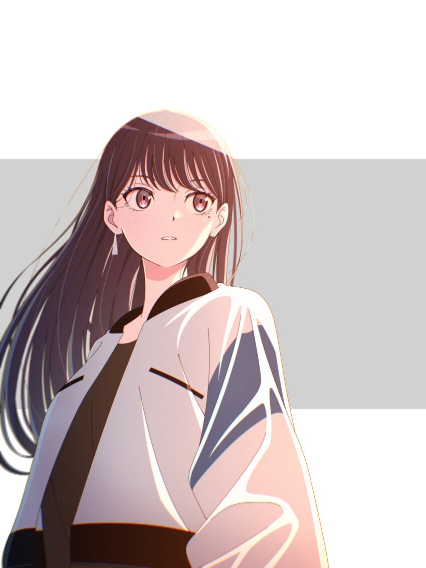 1girl bang_dream! bang_dream!_it&#039;s_mygo!!!!! black_shirt brown_hair chromatic_aberration commentary earrings grey_background highres jacket jewelry long_hair mole mole_under_eye open_clothes open_jacket open_mouth purple_eyes shiina_taki shirt single_earring solo upper_body white_background white_jacket yasou0049