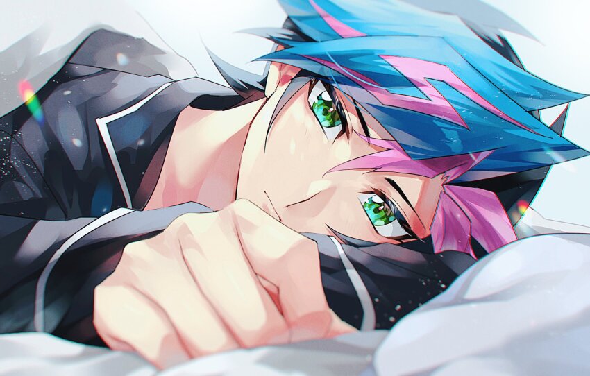 1boy arm_on_own_head bed_sheet black_hair black_jacket blanket clenched_hand colored_bangs dappled_sunlight dress_shirt facing_viewer fujiki_yusaku green_eyes hand_on_ground head_on_arm head_on_pillow highres indoors jacket leaning_to_the_side light_particles light_smile looking_at_viewer lying male_focus mayona_(mayona1poke) on_back on_pillow on_side on_stomach open_clothes open_jacket pillow pov resting school_uniform shirt spiked_hair sunlight under_covers white_background white_shirt yu-gi-oh! yu-gi-oh!_vrains