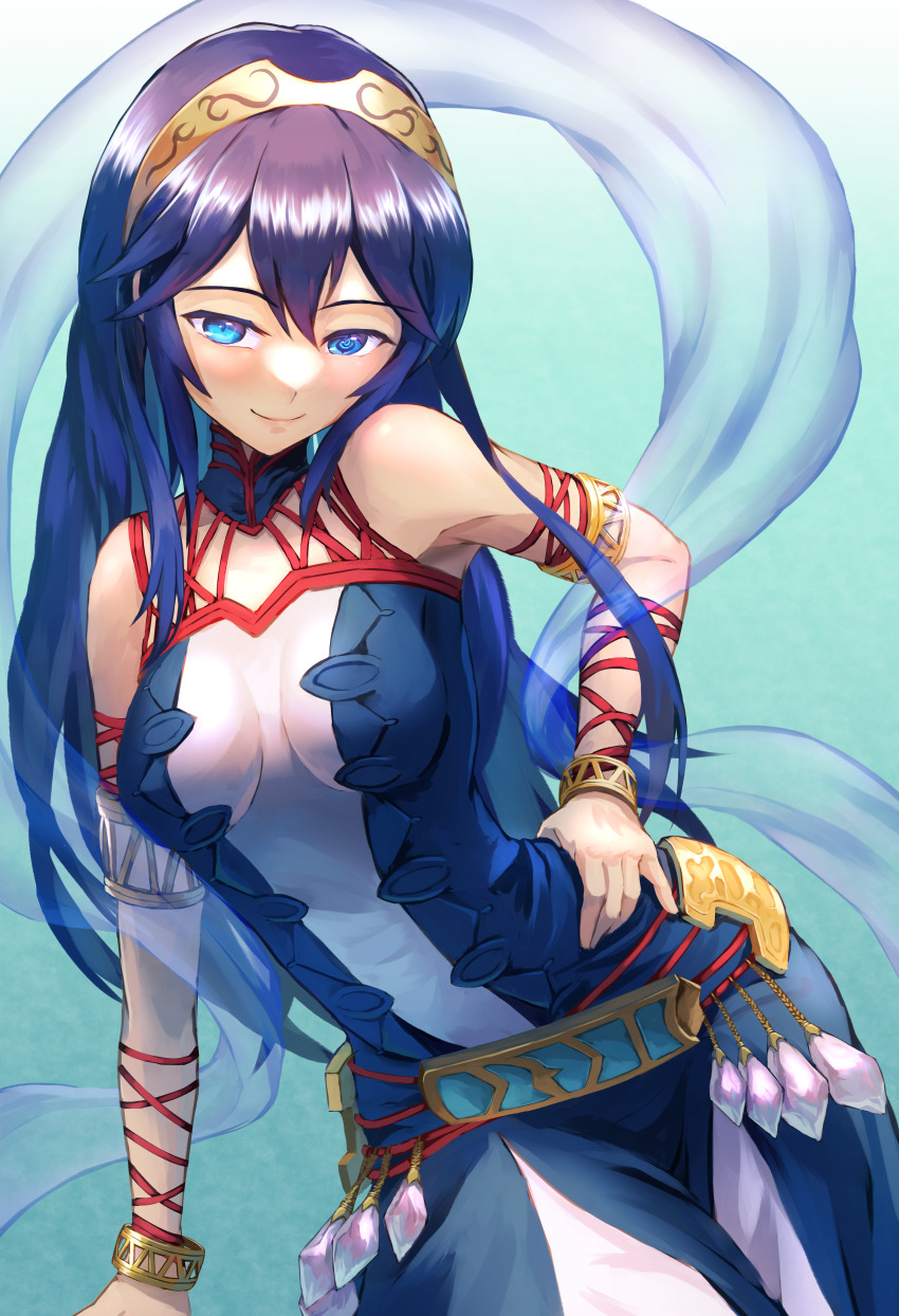 1girl absurdres armlet bare_shoulders belt blue_eyes blue_hair bracelet breasts closed_mouth collar commission commissioner_upload cosplay dress fire_emblem fire_emblem_awakening floating floating_object hair_between_eyes hair_ornament hand_on_own_hip highres jewelry juunishi_aya long_hair looking_at_viewer lucina_(fire_emblem) medium_breasts naga_(fire_emblem) naga_(fire_emblem)_(cosplay) nintendo non-web_source simple_background skeb_commission sleeveless sleeveless_dress smile solo stomach tiara