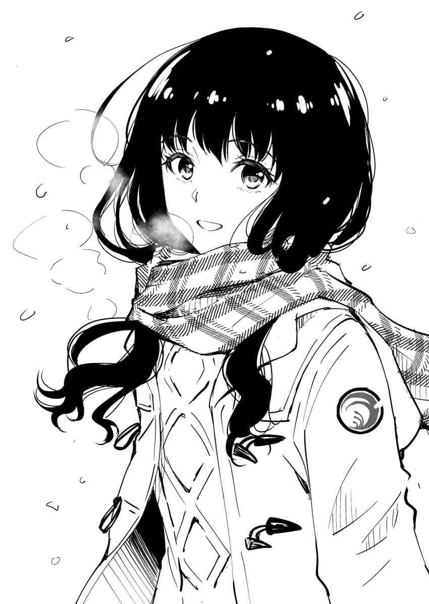 1girl absurdres black_hair breath coat duffel_coat enpera fqnrxj greyscale highres inoue_takina long_hair looking_at_viewer lycoris_recoil monochrome plaid_clothes plaid_scarf scarf smile solo sweater toggles upper_body winter_clothes