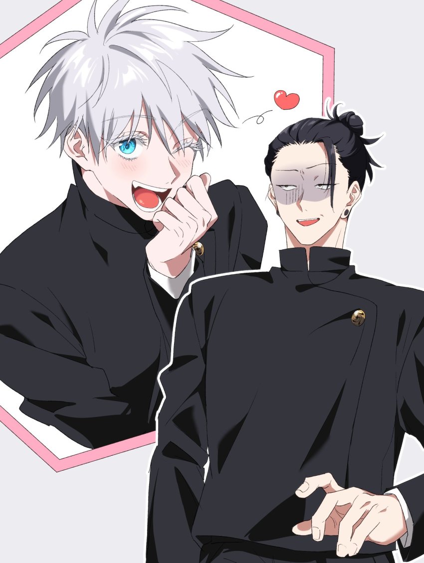 2boys bishounen black_eyes black_hair blue_eyes blush earrings facial_expressions getou_suguru gojou_satoru heart highres jewelry jujutsu_kaisen long_hair long_eyelashes multiple_boys white_hair worried yaoi