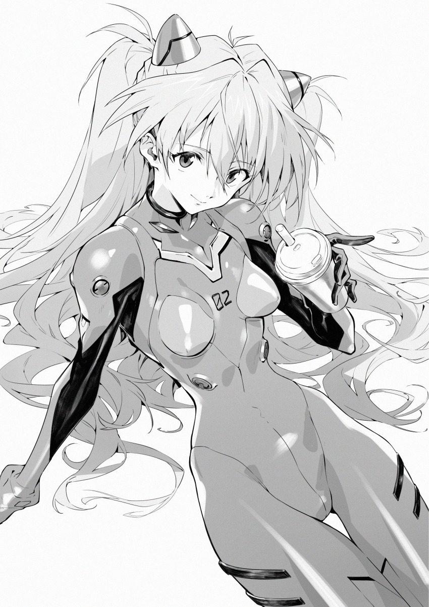 1girl absurdres bodysuit breasts commentary cowboy_shot cup disposable_cup greyscale hair_between_eyes highres holding holding_cup interface_headset_(evangelion) long_hair looking_at_viewer mecha_pilot_suit monochrome neon_genesis_evangelion plugsuit_(evangelion) shanyao_jiang_tororo simple_background small_breasts solo souryuu_asuka_langley thigh_strap very_long_hair white_background