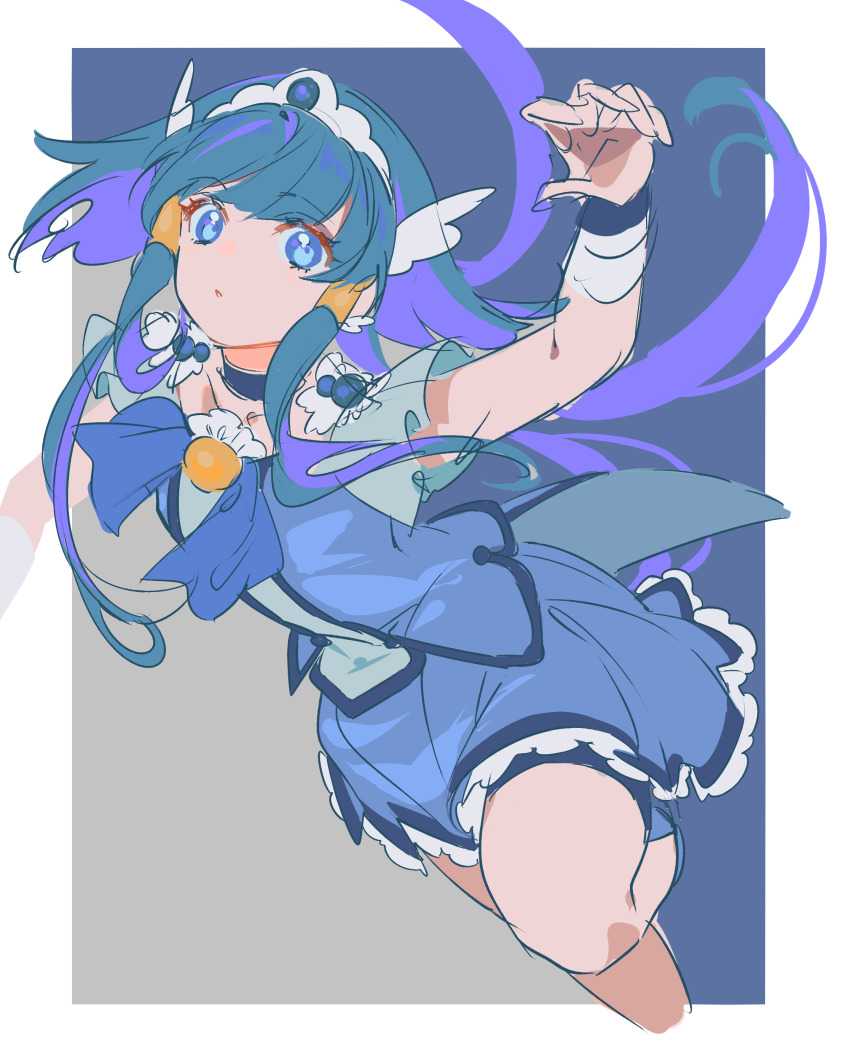 1girl absurdres aoki_reika blue_background blue_bow blue_bowtie blue_choker blue_eyes blue_hair blue_shirt blue_shorts blue_skirt blue_wrist_cuffs blunt_bangs border bow bowtie brooch choker coattails collarbone colored_inner_hair cropped_legs cure_beauty earrings expressionless eyelashes falling floating_clothes floating_hair frilled_skirt frills grey_background hair_ornament hair_tubes highres jewelry knee_up long_hair long_sidelocks magical_girl miniskirt multicolored_hair outside_border parted_lips pleated_skirt pleated_sleeves precure purple_hair shipu_(gassyumaron) shirt short_sleeves shorts shorts_under_skirt sidelocks skirt skirt_set smile_precure! solo tareme tiara two-tone_background two-tone_hair very_long_hair white_arm_warmers white_border wing_earrings wing_hair_ornament wrist_cuffs