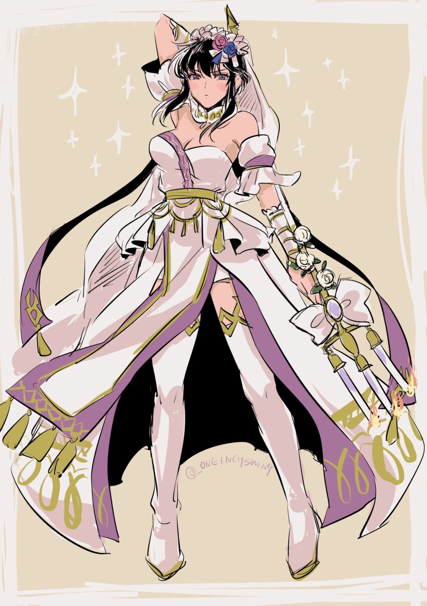 1girl absurdres bare_shoulders blush breasts bridal_veil bride candelabra candle candlestand cleavage dress fingerless_gloves fire_emblem fire_emblem:_genealogy_of_the_holy_war fire_emblem_heroes flower gloves hair_flower hair_ornament highres larcei_(bride_of_astra)_(fire_emblem) larcei_(fire_emblem) looking_at_viewer medium_breasts nintendo official_alternate_costume pelvic_curtain polearm rose short_hair sidelocks solo standing star_(symbol) strapless strapless_dress thighhighs tiara tomboy trident umi_(_oneinchswing) veil weapon wedding_dress white_dress white_flower white_rose