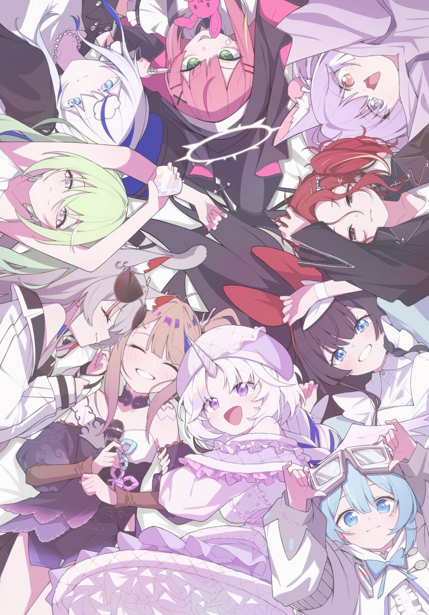 6+girls absurdres airi_kanna akane_lize animal_ears aokumo_rin arahashi_tabi arms_up ayatsuno_yuni black_hair blue_hair brown_hair cat_ears cat_girl closed_eyes closed_mouth dragon_girl dragon_horns dress eyewear_on_head facing_viewer green_eyes green_hair grey_eyes grey_hair hair_ornament hanako_nana heterochromia highres horns long_hair long_sleeves looking_at_viewer lying mmhomm multicolored_hair multiple_girls neneko_mashiro open_mouth pink_hair purple_eyes purple_hair red_hair shirayuki_hina single_horn smile stellive streaked_hair tenko_shibuki unicorn_girl virtual_youtuber yuzuha_riko