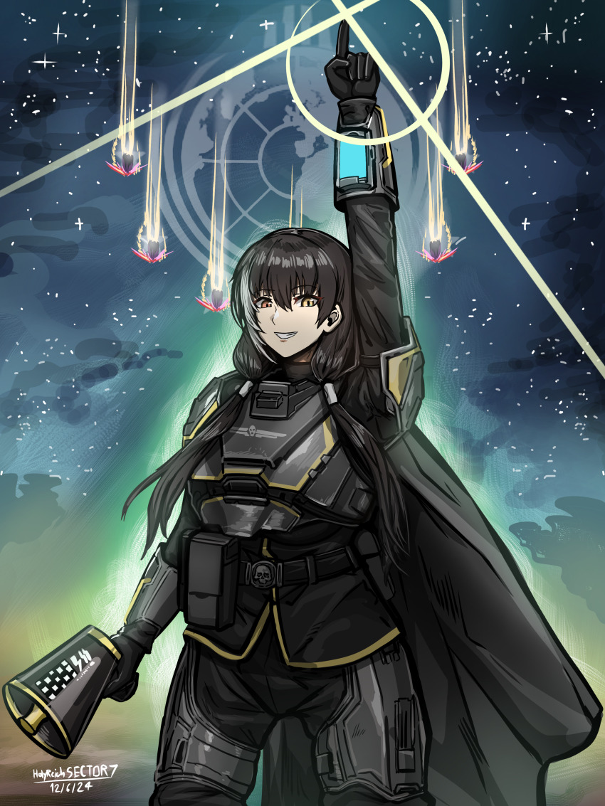absurdres armor artist_name belt black_cape black_hair cape commentary cosplay dated english_commentary girls&#039;_frontline helldiver_(helldivers) helldiver_(helldivers)_(cosplay) helldivers_(series) hellpod_(helldivers) heterochromia highres holy_light long_hair looking_at_viewer megaphone multicolored_hair night night_sky orange_eyes parted_lips plate_armor pointing pointing_up pouch ro635_(girls&#039;_frontline) sky smile streaked_hair white_hair yellow_eyes