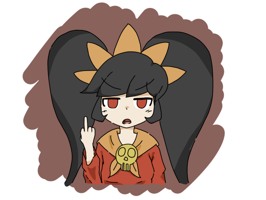 1girl ashley_(warioware) black_hair brooch cropped_torso dress fang female_focus hairband highres jewelry long_hair long_sleeves looking_at_viewer middle_finger neckerchief nintendo open_mouth orange_hairband orange_neckerchief red_dress red_eyes skull_brooch solo twintails warioware