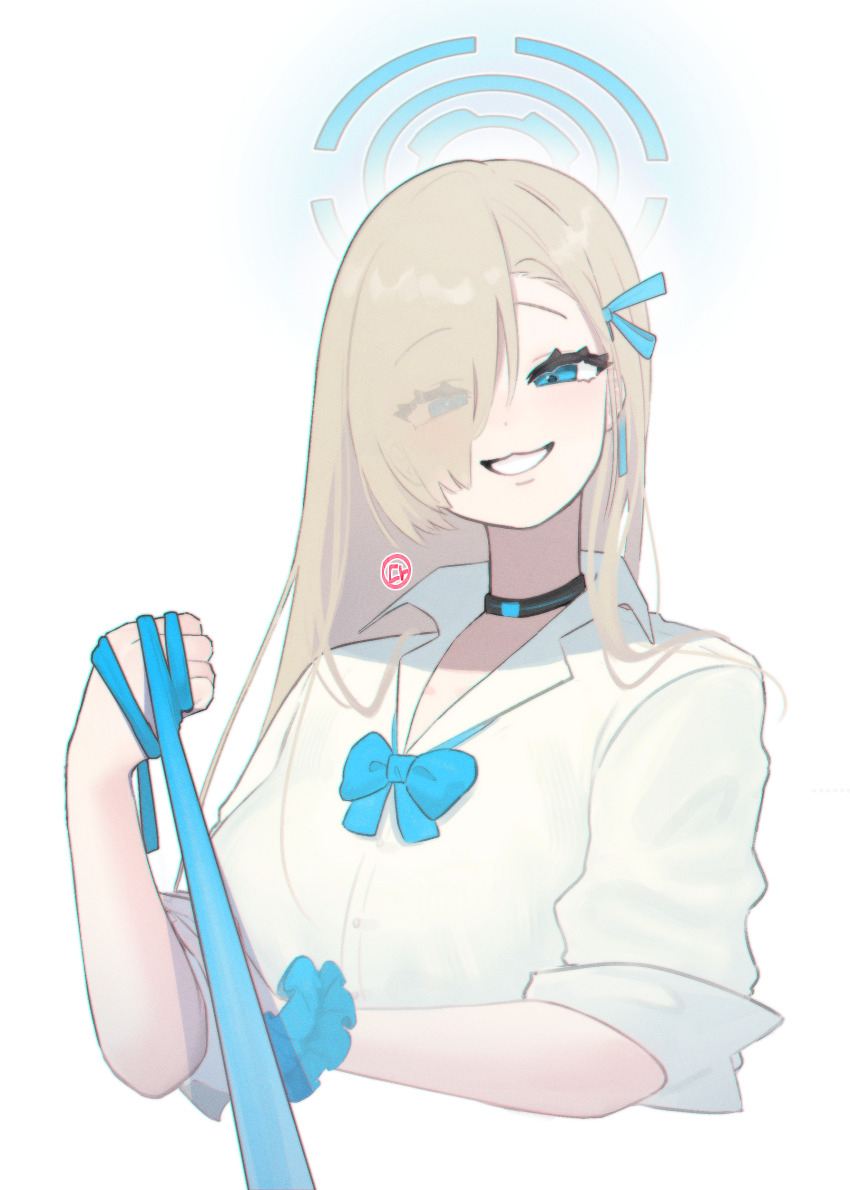 1girl absurdres asuna_(blue_archive) asuna_(school_uniform)_(blue_archive) blonde_hair blue_archive blue_bow blue_bowtie blue_eyes blue_halo bow bowtie choker eyes_visible_through_hair grin hair_over_one_eye halo highres holding holding_leash leash leash_pull long_hair pov scrunchie shirt sleeves_rolled_up smile solo t0fusan very_long_hair viewer_on_leash white_shirt wrist_scrunchie