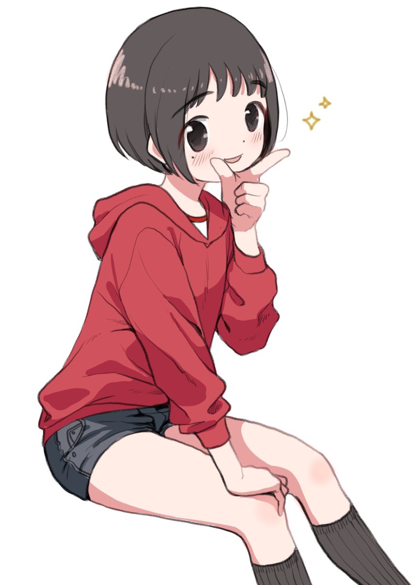 1girl black_eyes black_hair black_shorts black_socks bob_cut female_focus hand_on_own_chin highres hood hood_down hoodie mole mole_under_eye open_mouth original piko_(pixiv) red_hoodie short_shorts shorts simple_background sitting smile socks solo stroking_own_chin white_background