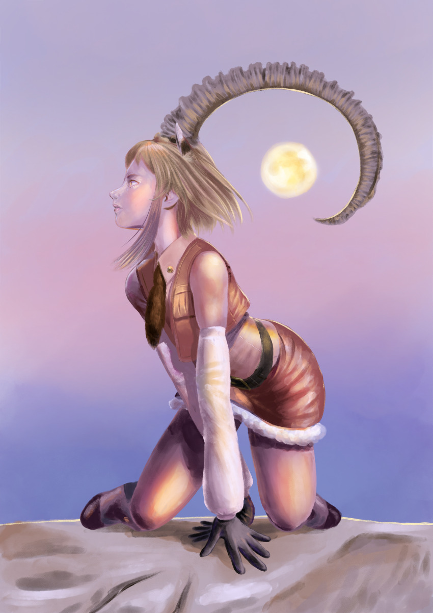 1girl absurdres aburaeoyaji all_fours animal_ears bare_legs black_gloves blonde_hair boots brown_vest closed_mouth collared_shirt curved_horns detached_sleeves extra_ears full_body full_moon fur-trimmed_skirt fur_trim gloves goat_ears goat_horns highres horns huge_horns kemono_friends kemono_friends_3 lips long_horns looking_afar looking_to_the_side medium_hair miniskirt moon necktie nubian_ibex_(kemono_friends) open_clothes open_vest realistic shirt skirt sky solo twilight vest white_sleeves wing_collar