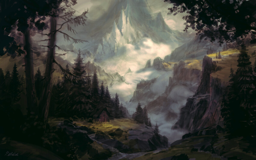 absurdres cloud commentary day english_commentary forest highres house landscape mountain nature no_humans original outdoors philipp_urlich scenery